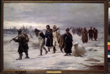 1812. (A Napóleon Nagy Hadseregéből elfogott foglyok kimerülten, orosz parasztok kíséretében sétálnak a hóban). Illarion Mihajlovics Prjanisnyikov (1840-1894) festménye, olaj, vászon