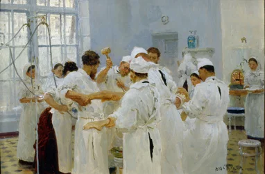 Ivan Pavlov sebész (1849-1936) egy műtőben (The Surgeon Pavlov in an Operating Room). Orvosi csapatával, asszisztenseivel és nővéreivel körülvéve a sebész beteg beteget operál. Ilja Jefimovics Repin festménye (Ilia Repin) (1