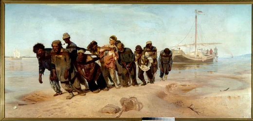 A Volgai csónakosok Férfiak (fuvarosok) csónakot rajzolnak a vízből Oroszországban - Ilia (Ilja) Repine (1844-1930) festménye, olaj, vászon