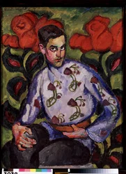 Portréja Egy Fiú Egy Ingben Virágokkal. Ilja Ivanovics Mashkov (Ilia Mashkov, Matchkov) festménye (1881-1944), olaj, vászon