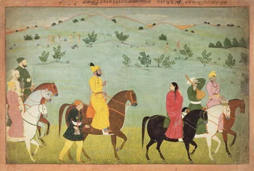Egy jasrota herceg, valószínűleg Balwant Singh, egy lovas expedíción, Nainsukh (fl. 1740-50) Kasmírban, 1751 körül