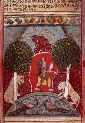 Egy kobrakígyót fogtak be egy állatokkal lakott erdőben. A malwai (indiai) iskola miniatűrje 1680 körül Magángyűjtemény