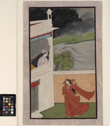 Egy hölgy jön szerelme házához esőben, 1830 körül (átlátszatlan w/c és arany a papíron)
