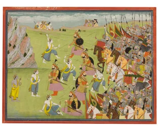 Egy festmény a Mahábháratából: Balabhadra harcol Jarasandhával, Kangrával vagy Garhwallal, 1810-20