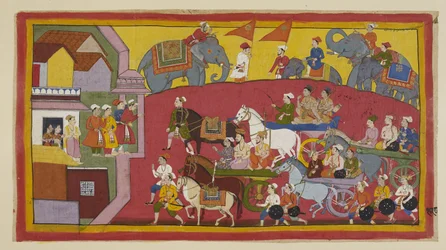 Add hozzá 15296 (1) f.128r, Vasistha és a fejedelmek szekerei, különféle lelkészek és emberek kíséretében, behatolnak Nandigrama városába.