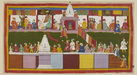 Add 15296 (1) f.16r, Ayodhya város főutcáján az izgatott kereskedők a legszebb brokátjaikkal díszítik boltjaikat, miközben az emberek felmásznak a házak tetejére és a templomok fölé, hogy biztosítsák a legjobb kilátás a koronázási proc