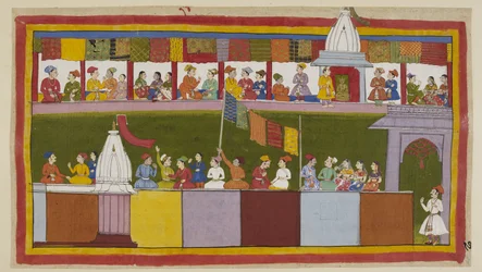 Add hozzá: 15296 (1) f.17r, Ayodhya városának ugyanaz az utcája már teljesen fel van díszítve, az emberek a körmenetre várnak. Elmondják egymásnak, milyen bölcs a király, és milyen szerencsések, hogy Ráma az új védelmezőjük.