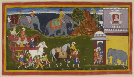 Add hozzá a 15296 (1) f.4r-t, Bharata, Shatrughna és nagybátyjuk tartókkal és két vezetett lovagló lóval, megrakott elefántokkal a horizonton túl megérkeznek Kekaya királyának, Bharata anyai nagyapjának a palotájába, aki várja őket. kinézve