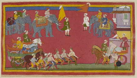 Add 15296 (1) f.5r, A két herceg és nagybátyjuk leszálltak a szekerekről, és balról előrenyomulnak, hogy üdvözöljék a királyt. Szekerén kijön a jobb oldali palotából, és lehajol, hogy szeretettel üdvözölje őket. Az elefántok a háttérben vannak