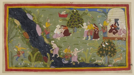 Add hozzá az 15296 (1) f.79r-t, Dasaratha elmeséli a királynőknek a fiatalkori esetet, amikor vadászat közben véletlenül megölte egy bölcs fiát. A bal oldalon Dasaratha íjjával tévedésből a fák között a fiatalra irányítja, aki a másikon tölti a vízkorsóját