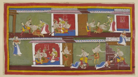 Add hozzá a 15296 (1) f.89r számot. A jobb felső sarokban Bharata és Shatrughna köszönti Kaikeyit, aki az ölébe veszi őket, és a közelmúlt eseményeiről beszélgetnek. Bharata elájul, amikor meghallja apja halálát, és azt, hogy mit tett az anyja, hogy biztos