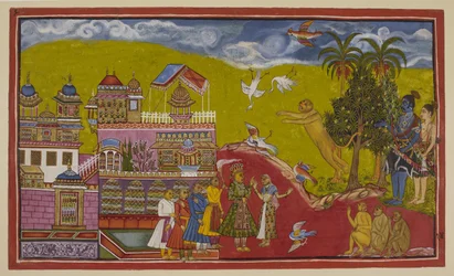 Add hozzá 15296 (2) f.14r, Sugriva és szövetségesei Bali kiskindhai palotájába érkeztek. Sugriva úgy üvölti kihívását, hogy a madarak ijedten hullanak ki az égből. Bali, királynője, Tara és miniszterei feltűntek a felhajtás hallatán. Th