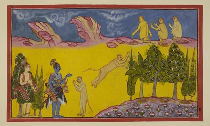 Add hozzá az 15296 (2) f.3r-t, Sugriva először megijedt, azt gondolva, hogy ezeket a fegyveres harcosokat bitorló testvére, Bali küldte, hogy pusztítsák el. Elküldi okos miniszterét, Hanumant, hogy többet tudjon meg a két idegenről. Hanuman bemutatkozik