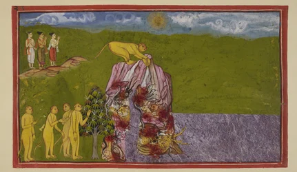 Add 15296 (2) f.81r, A nagy óceán partján a majmok megdöbbentek, hogy hogyan tudnak átkelni azon, hogy elérjék La?k?-t. Angada mindannyiukat megkérdezte, meddig tudnak ugrani, de egyikük sem volt biztos abban, hogy idáig ugorjon, amíg Jambavan nem sürgette