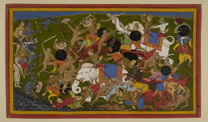 Aṅgada, Nīla és Hanumān csatában legyőzik Rāvaṇa rokonait.