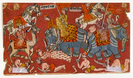 Csatajelenet egy Bhagavata Purana sorozatból, 1625-1650 körül (akvarell és arany, papíron) (499329 versója)