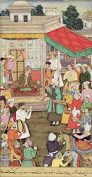 CBL 03.54-ben Akbar (r.1556-1605) ajándékokat kap Badakhshan nagyköveteitől, Akbarnamából, 1605 körül