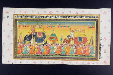 Méltóságok egy elefánt hátán lovagolnak a howdah-ban egy mahout vagy elefánthajtó kíséretében, radzsasztáni miniatűr festmény