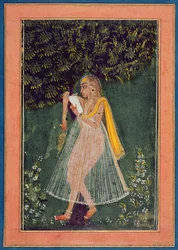 Hindu hölgy szerelmes levelet olvas egy fa alatt (gouache, tinta és arany, papír)