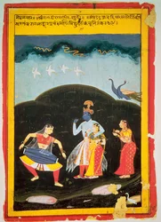 Krishna és Radha az esőben két zenésszel, Rajasthan