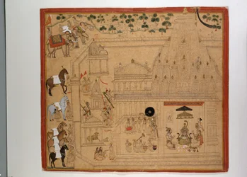 Maharana Amar Singh of Mewar az Eklingji templomban, 1695 körül (guache, arannyal és ezüsttel a papíron)