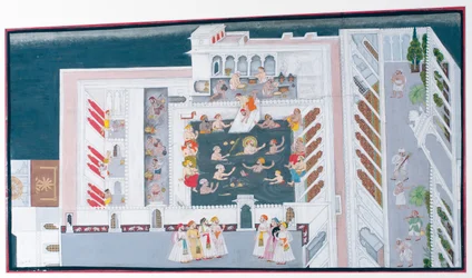Maharana Jagat Singh II a palota medencéjében tréfálkodik, 1746-50 körül (átlátszatlan wc és arany a papíron)