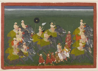 Maharana Sangram Singh of Mewar elefántmenetben lovagol, Udaipur, Rajasthan, 1730-40 körül (átlátszatlan wc és arany papíron)