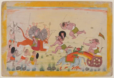 Mahasura megtámadja a Devit, fólió egy szétszórt Devi Mahatmya sorozatból, 1770-80 körül (wc papíron)