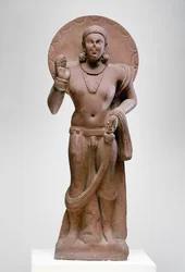 Maitreya, a jövő Buddha, Ramnagar kultúra, Ahichatra, Uttar Pradesh, i.sz. 200 (vörös homokkő)