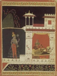 Paradhina Nayika, a „Puhakara Rasavali”-ból, a hátoldalra felírva Devanagariban, Malwa, Rajput School