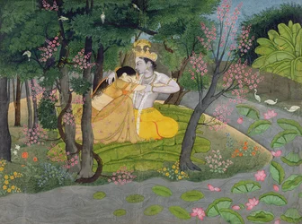 Radha és Krisna ölelkeznek egy virágzó fák ligetében, 1780 körül (wc papíron)