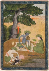 Rama, Sitával és Laksmanával az erdőben, a Rámájánából, 1790 körül (átlátszatlan wc és arany papíron)