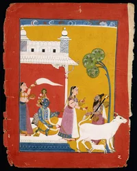 Rukmini vízzel kínálja a bölcs Naradát, miközben hitvese Krishna a házában ül, 1725-1730