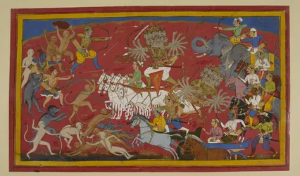Rāvaṇa ádázul harcol, de elesik a Lakṣmaṇával és szövetségeseivel vívott csata közepette.