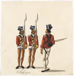Sepoys és egy indiai tiszt, bengáli hadsereg, 1815 körül (akvarell papíron)