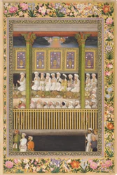 Shah Jahan Honors the Religious Orthodoxy, oldal a Szentpétervári Albumból, 1635 körül (átlátszatlan akvarell és arany papíron)