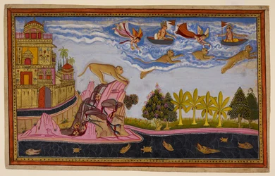 Sītā imádkozik Hanumānért, aki megnyugtatja őt, és visszatér, a felhőkön át repülve, virágokkal elhalmozva. 1653 (miniatűr)