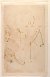 Tarakeshwar Mahantja szeretőjével, Elokeshivel, aki serpenyőt kínál neki, Kalighat Album, 1880 körül (wc papíron)