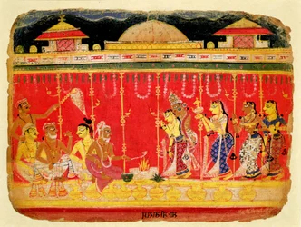 Krisnás szülők házassága, a Bhagavata Purana szétszórt kéziratából Mewarból, Rajasthanból, 1520-50 körül (papíron átlátszatlan wc)
