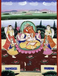 Az istenség Ganesha (Ganesh vagy Ganapati), Shiva és Parvati lánya. századi indiai népszerű nyomtatvány.