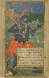 Vol.2 fol.218 Kumbhakarna reagál Dvividas támadására (átlátszatlan akvarell, tinta és arany a papíron)