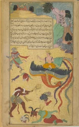 Vol.2 fol.290 Miközben Garuda fájdalmában elfordul a csatatérről, Visnu kiszolgálja Malisnak egy diszkoszt (átlátszatlan akvarell, tinta és arany a papíron)