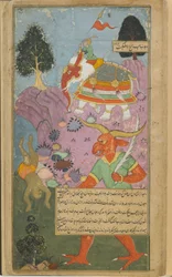 Vol.2 fol.315 Indra fenntartja az égi rendet a koraérett Hanuman leütésével (átlátszatlan akvarell, tinta és arany a papíron)