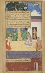 Vol.2 fol.324 Dasaratha megkérdezi Durvasast leszármazottai sorsáról (átlátszatlan akvarell, tus és arany papíron)