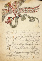 Repülő lény kígyót hordozó, illusztráció a „Serat Damar Wulan” vagy a „The Romance of Damar Wulan” (toll és tinta akvarellel papíron) című művéből