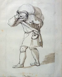 Megrakott hordár (toll és tinta papíron)