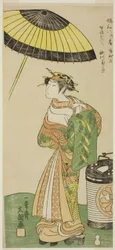 A színész Segawa Kikunojo II. mint Hitachi kurtizán a Wada Sakamori Osame no Mitsugumi (Wada körhintája: Az utolsó ital három pohárral) című darab második részében, amelyet az Ichimura Színházban adtak elő 1771 második hónap kilencedik napjától, a második 