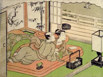 Egy "Shunga" (erotikus) nyomat: szerelmesek hallgatják a kakukkot, Ippitsusai Buncho (1725-94)