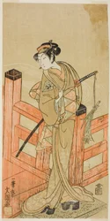 A színész, Nakamura Matsue I, mint Tsuchiya Umegawa, Oyodo (?) női szumóbirkózóként álcázott Naniwa no Onna-zumo (?) színdarabban, a Nakamura Színházban (?) a hatodik hónapban, 1770 (?)