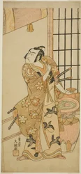 A színész, Sawamura Sojuro II Kudo Suketsune (?) szerepében az Edo no Hana Wakayagi Soga (?) színdarabban, amelyet az Ichimura Színházban (?) mutattak be a második hónapban, 1769 (?)